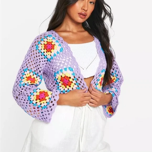 Boohoo Lilac Crochet Crop Cardigan - Picture 3 of 4
